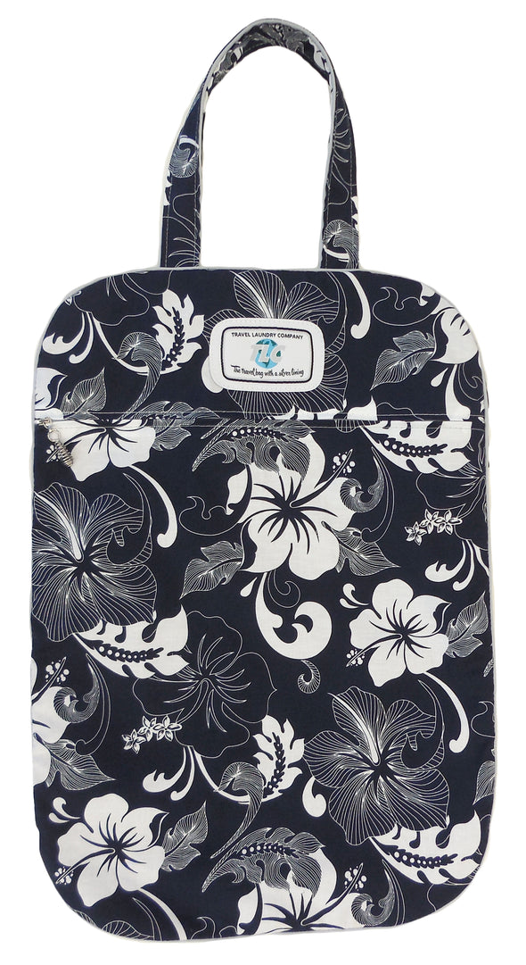 LB- Ultra Lightweight White Hibiscus (Navy) Laundry Bag
